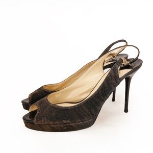 Jimmy Choo Metallic Brushed Bronze Gold Black Slingback Sandal Heels